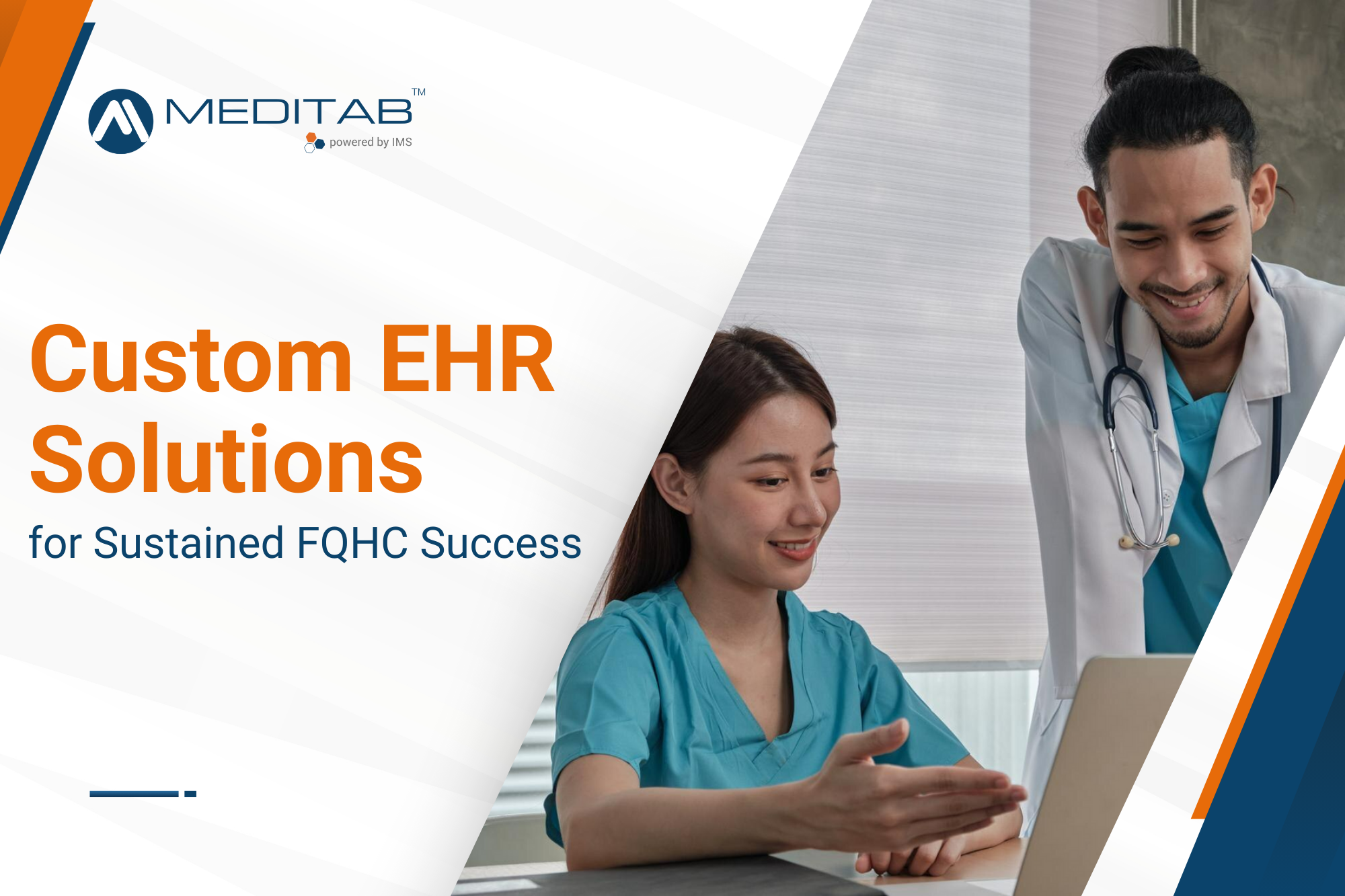 Two healthcare staff members discuss enhancing their clinic’s workflow using FQHC EMR software.