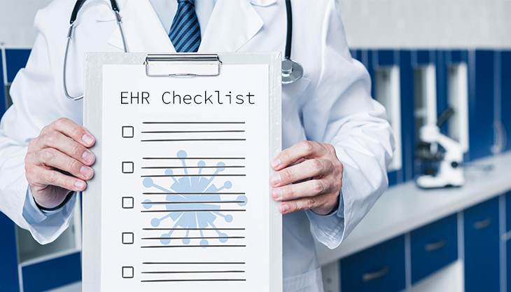 A doctor holding a clipboard with a checklist of questions to ask an EHR software company.